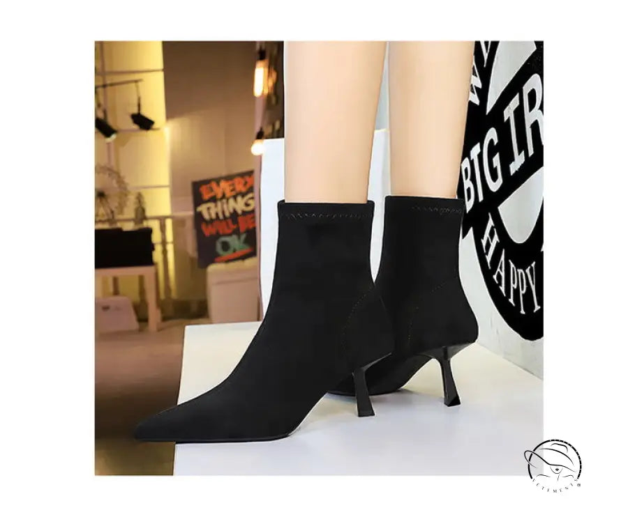Black langry fashion stretch-knit suede ankle boots with pointed stiletto toes
