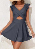 Charcoal grey mini dress featuring ruffled cap sleeves and cutout waist detail for fashion elegance