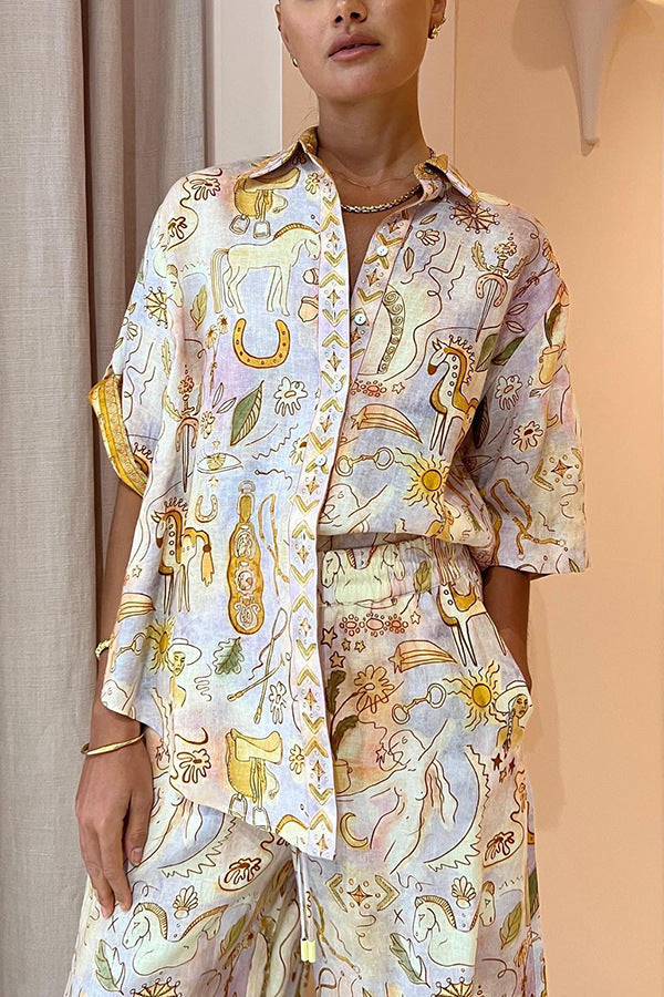 Printed linen pajama set showcasing summer casual fashion and ملابس for women