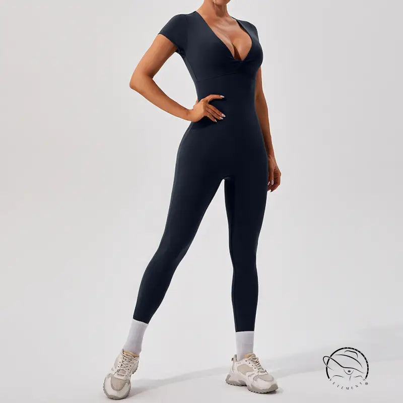 Langry black form-fitting yoga fitness bodysuit with deep V-neck