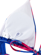 White triangle bikini top in four piece lace up swimsuit with blue and pink patterned straps, small size tag