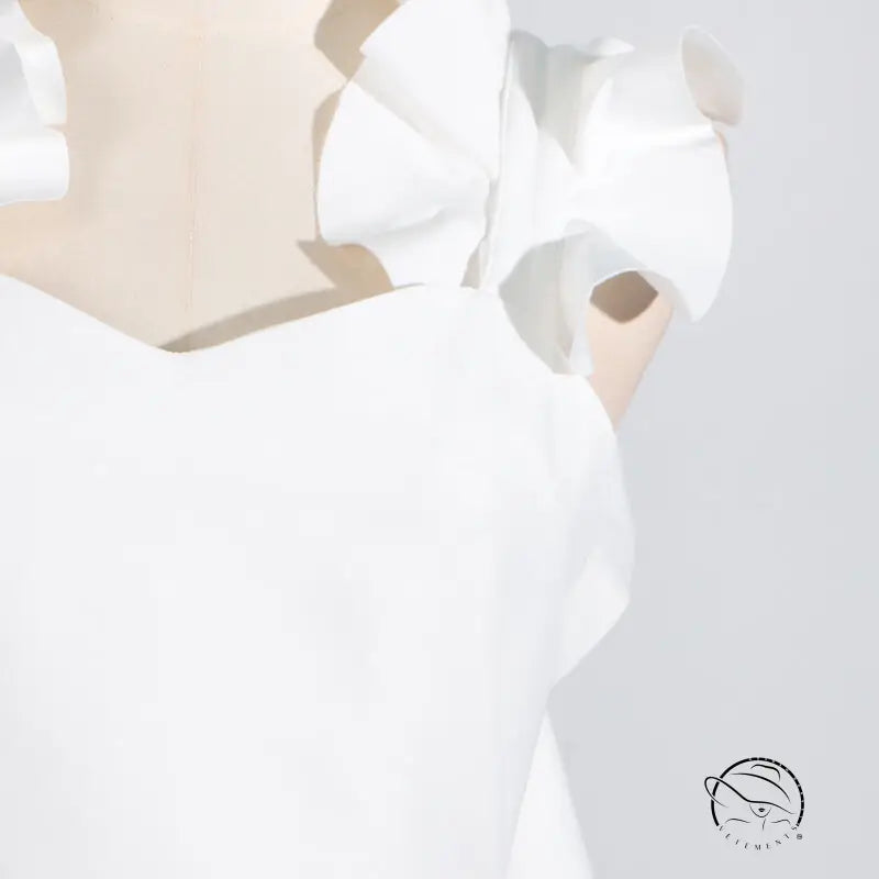 White ruffled blouse in floral summer slim fit dress with high grade stitching