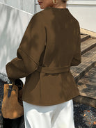 Olive green belted long sleeve blazer in Langry fashion ملابس