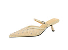 Langry beige rhinestone kitten heel mule sandal with pointed toe