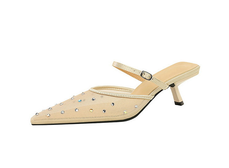 Langry beige rhinestone kitten heel mule sandal with pointed toe