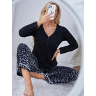 Black langry leopard print winter pajamas with white piping
