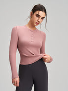 Soft pink ribbed langry fashion yoga long-sleeved top with buttoned front