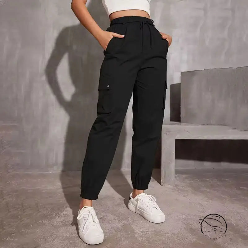 High waist wide leg langry cargo jogger pants with white sneakers