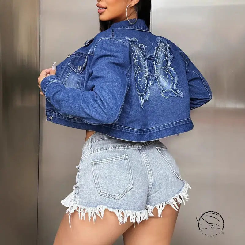 Cropped embroidery denim jacket with butterfly design short coat