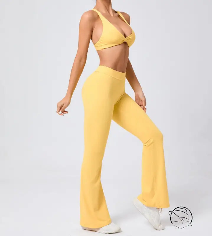 Peach tight brushed yoga hip raise flared pants with high waist tie front