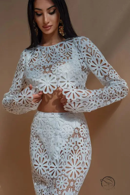 Slim fit hollow lace tops skirt two-piece set in white floral design