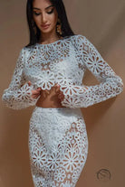 Slim fit hollow lace tops skirt two-piece set in white floral design