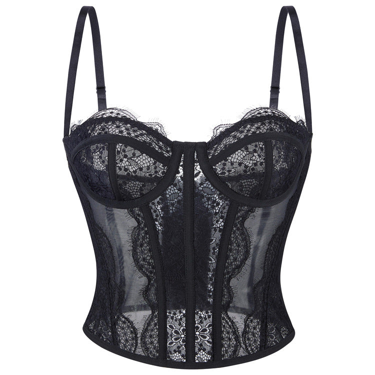 Black lace langry camisole outerwear top bra with floral patterns