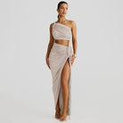 Beige one-shoulder crop top and high-slit skirt set for stunning fashion style