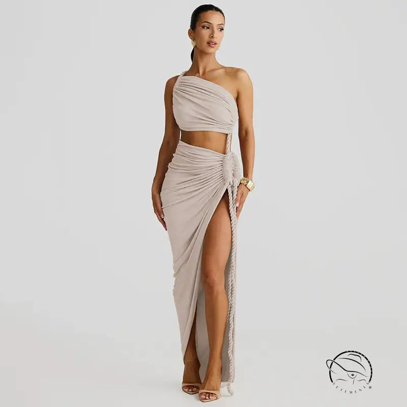 Stunning cutout lace pleated beige one-shoulder crop top set