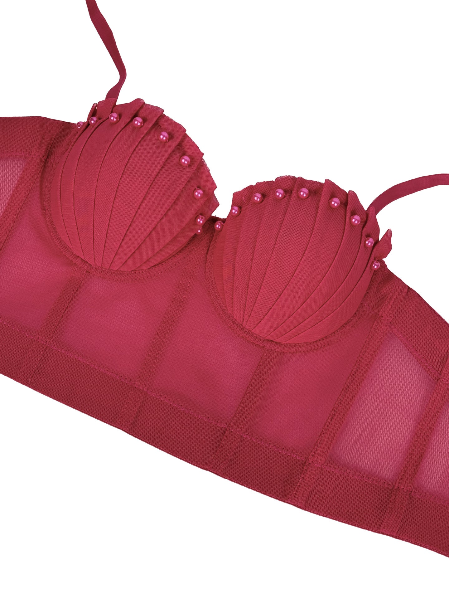 Red Langry pleated bra with silver beads in mesh corset