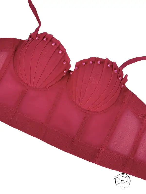 Red pleated mesh corset bra with silver beads and thin straps in Langry fashion