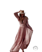 Elegant vacation dress: flowing pink maxi with hat