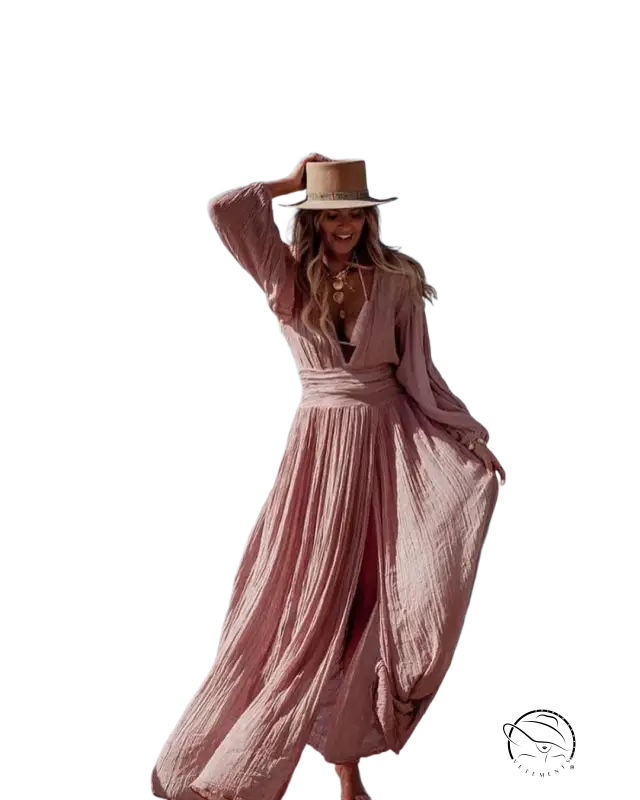 Elegant vacation dress: flowing pink maxi with hat