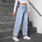 Light wash high-waisted match beaded straight jeans with elasticized cuffs for versatile style