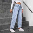 Light wash high-waisted match beaded straight jeans with elastic cuffs