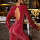 Elegant retro high waist jumpsuit in red sparkly open-back design