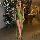 Olive green satin langry fashion dress with ruched detailing and high slit