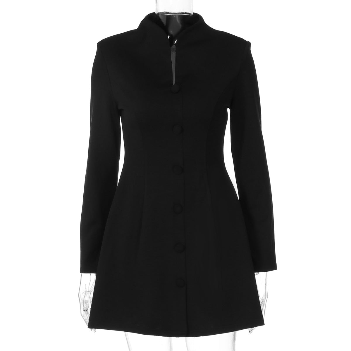 Elegant black peplum dress with long sleeves, zipper neckline, and cardigan buckle waist slimming