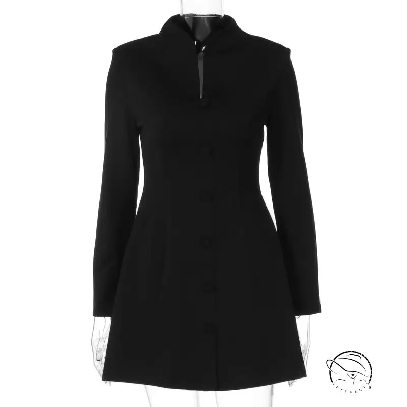 Elegant cardigan buckle waist slimming black peplum dress with long sleeves