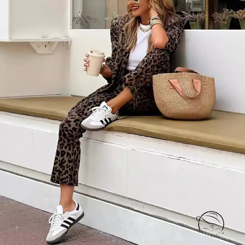 Leopard print casual cardigan coat set for work