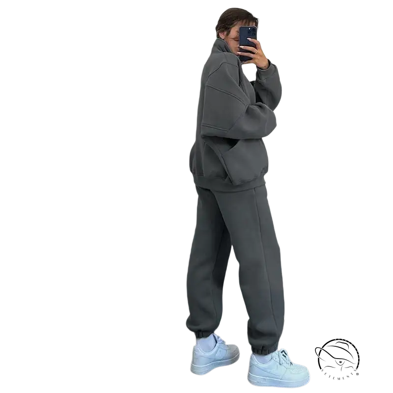 Comfy stand collar cardigan sweater suit in gray oversized style