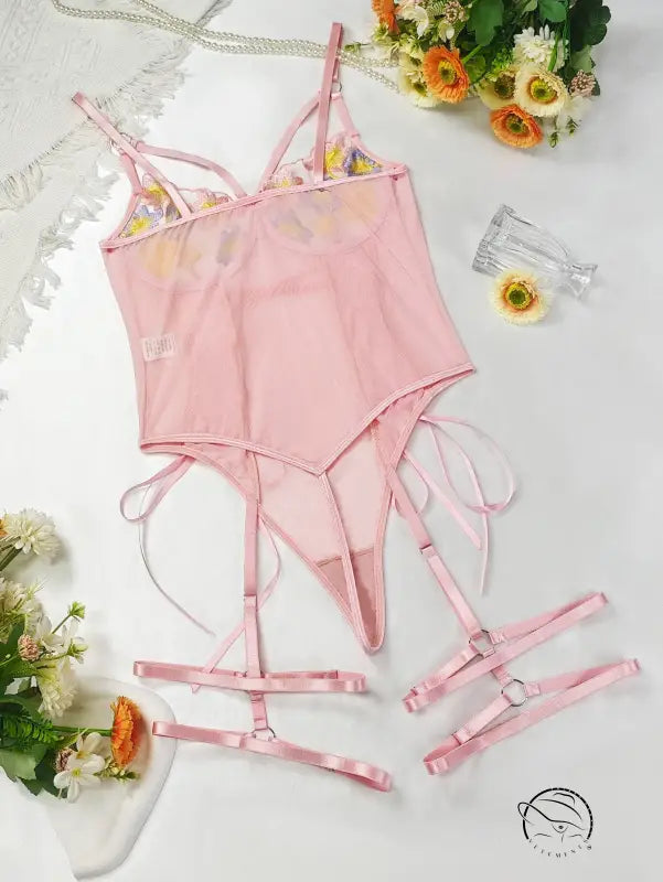 Pink embroidery beauty back lingerie set with floral satin accents