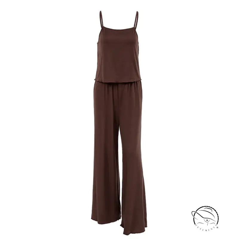 Brown sleeveless wide-leg comfortable knitted pajamas jumpsuit