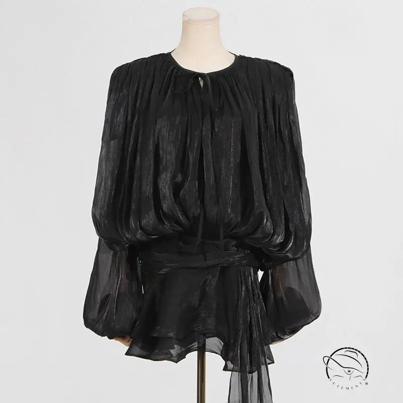 Gorgeous short mesh dress with black sheer blouse and balloon sleeves