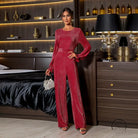 Elegant retro high waist jumpsuit on woman in red glitter