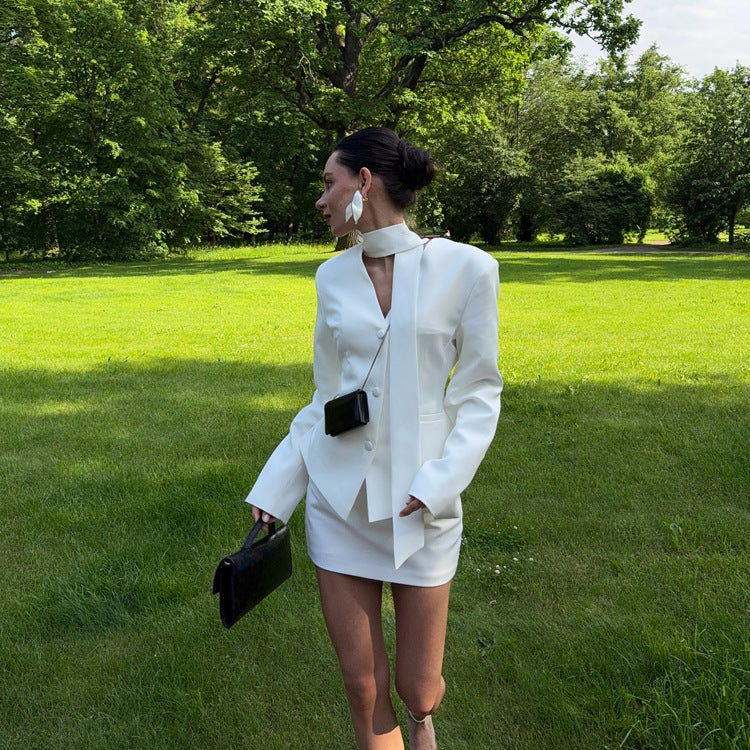 Langry elegant white tailored blazer with black accents in fashion ملابس set