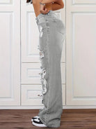 Langry fashion ripped washed high waist straight loose denim trousers in light gray distressed style with rips and frayed edges