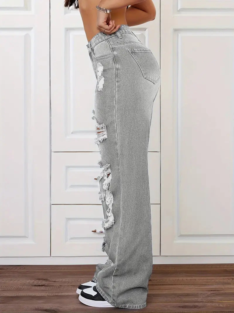 Langry fashion ripped washed high waist straight loose denim trousers in light gray distressed style with rips and frayed edges