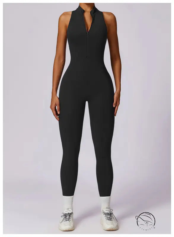 Black sleeveless high-necked zip-front langry fashion jumpsuit