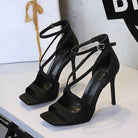 Langry fashion black satin high-heeled sandals with leopard print straps