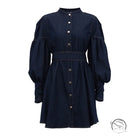 Denim shirt fashionable dress in dark blue with puff sleeves and gold buttons