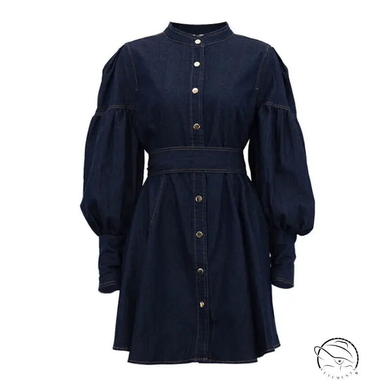 Denim shirt fashionable dress in dark blue with puff sleeves and gold buttons