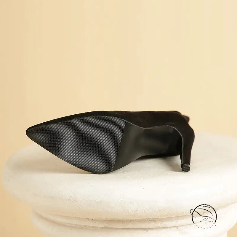 Black suede stiletto bootie in langry fashion over-the-knee style