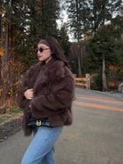 Elegant Langry faux fur brown black pointed coat with soft texture