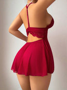Button Strap Lingerie Lace Pleated Hem Underwear Set