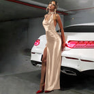 Elegant Halter Backless Ribbon Split Dress showcasing a satin halter dress with thigh slit