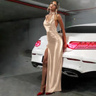 Elegant satin halter backless split dress with thigh slit in langry fashion