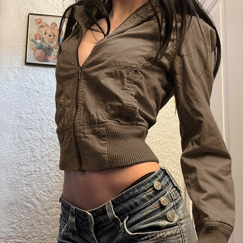 Langry olive green bomber jacket with zipper pockets in vintage fashion style