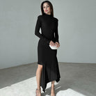Elegant langry black high-slit turtleneck fashion dress
