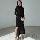 Elegant black high-slit turtleneck langry fashion dress